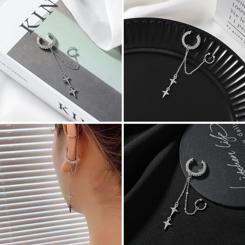 Shiny Silver Color Kristal Rumbai Tanpa Tindik Cuff Ear Clip Earring Untuk Wanita Berlian Imitasi Bintang Palsu Perhiasan Tindik Tulang Rawan