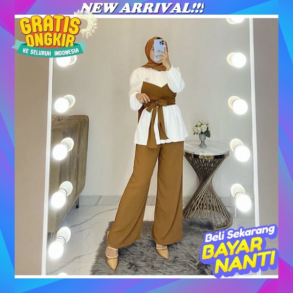 Hafika Setelan Celana Tunik Polos Bordir Premium Setelan Wanita Muslim Terbaru 2023 Set Tunik Wanita