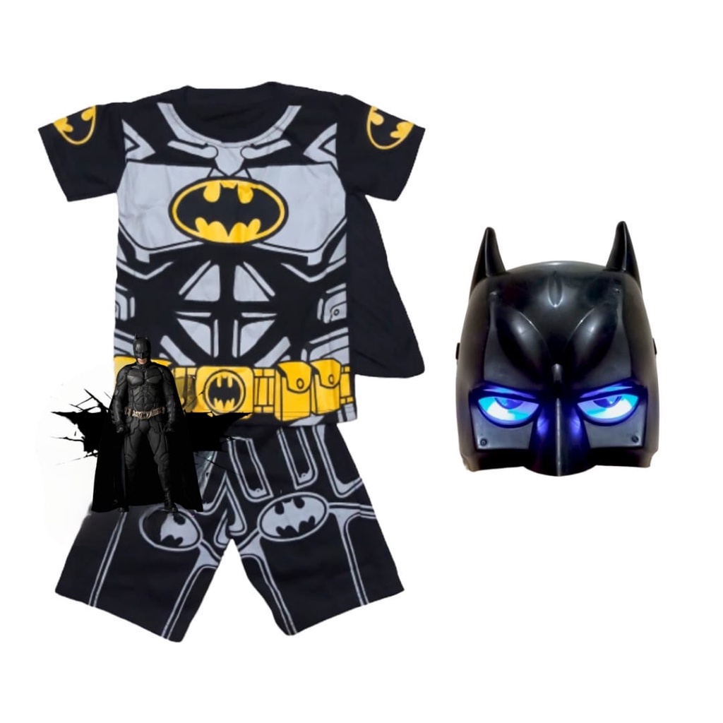 SETELAN BAJU ANAK BATMAN LENGAN PENDEK SAYAP FREE TOPENG