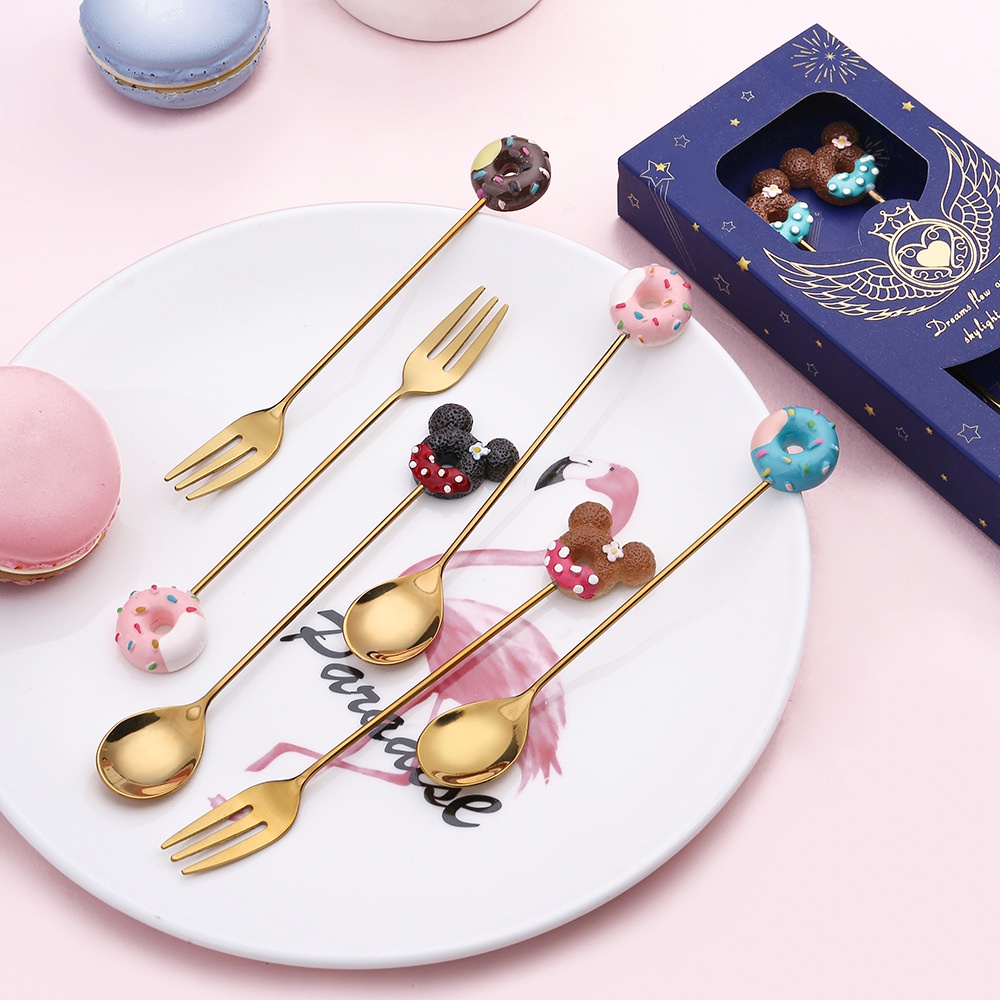 ღ Mickey Es Ccream Sendok Garpu Stainless Steel Pencampuran Sendok Kopi Kartun Buah Garpu Fashion Antirust Anak-anak Garpu Dapur Baking aksesoris