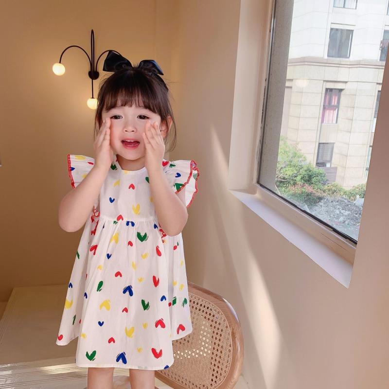 Baju anak perempuan usia 2-7 tahun bayi perempuan musim panas baru gaya asing versi Korea dari pakaian anak-anak rok pola cinta gaun putri lengan kupu-kupu lucu