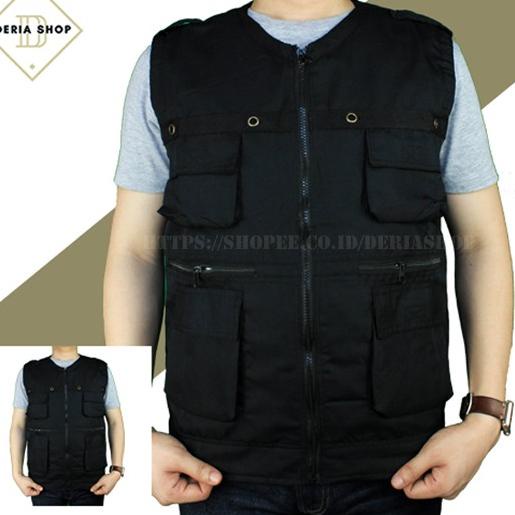 ☾ Jaket Rompi Hitam Drill Lapangan Pria Cowok Mancing Tactical Motor Vest Kantong Banyak Murah Serag