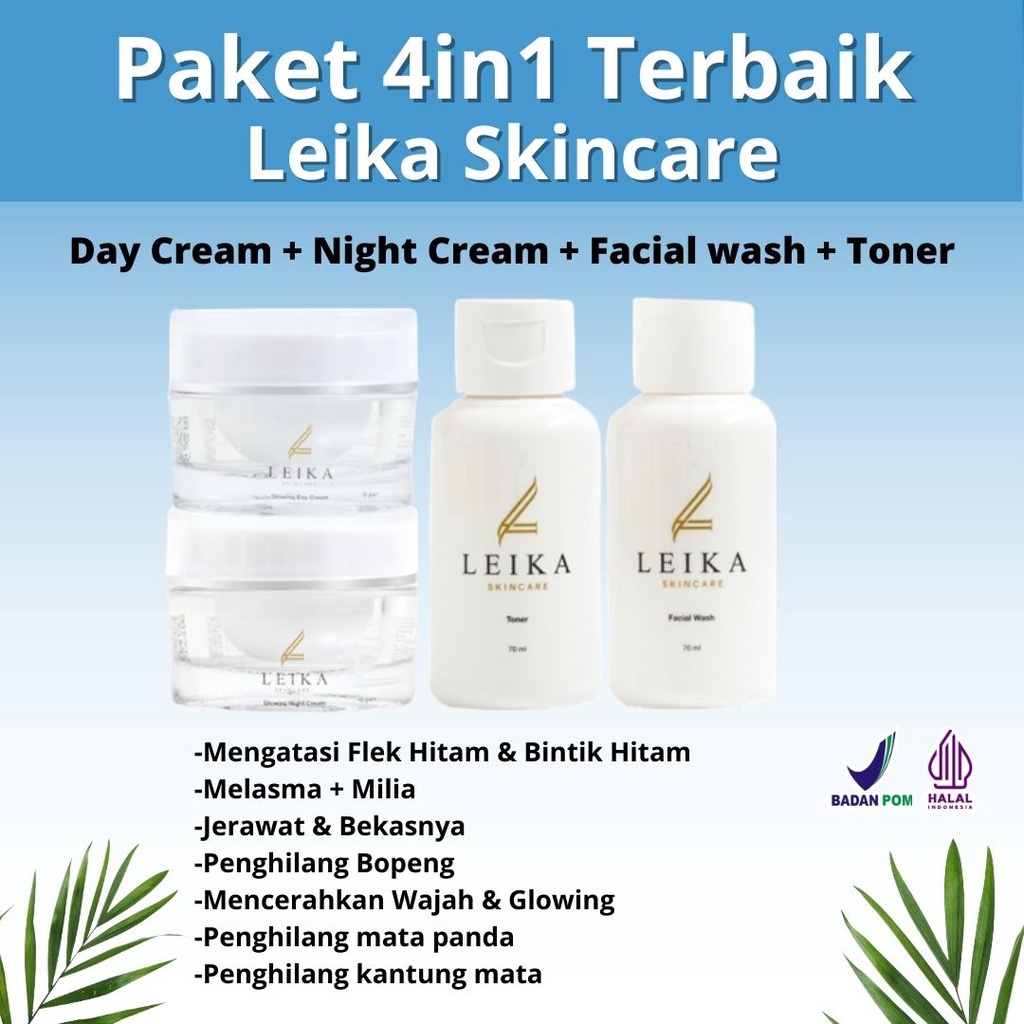 Paket 4 in 1 Leika Skincare Day Cream,Night Cream,Facial Wash,Toner Leika Skincare Original Bpom Hal
