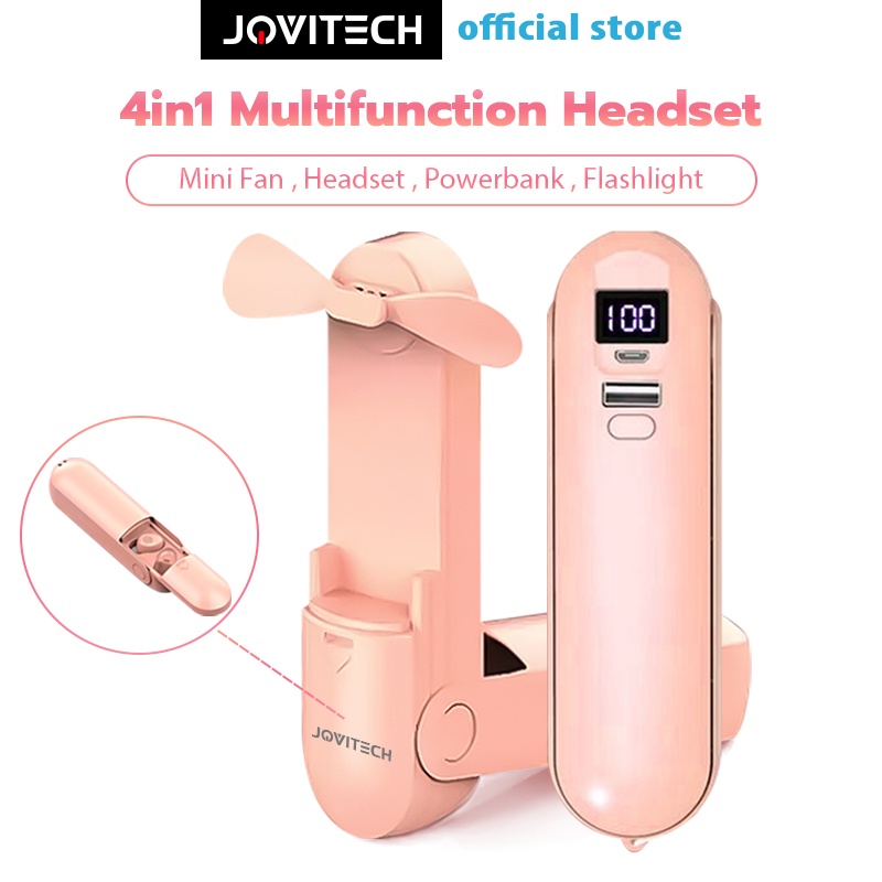 【COD】Jovitech Bluetooth Earphone with F7 Earbuds Dan Mini Fan Dan Flashlight Dan PowerBank 2000Mah Headset LED Kipas Powerbank 4 In 1 - T64