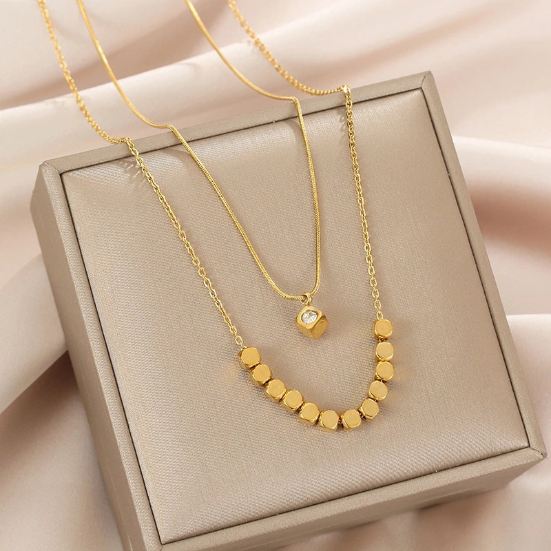 Kalung Rantai Dengan Liontin Bentuk Kotak Geometri Untuk Wanita | Kalung Double Layer Untuk Wanita | Aksesoris Bahan Titanium Steel