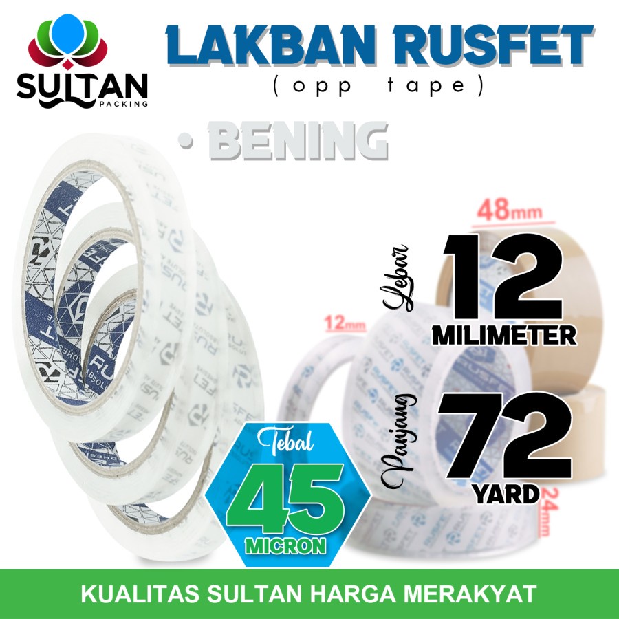 

Lakban isolasi Solatip 12mm x 72yard OPP Tape RUSFET Plakban / SATUAN - Bening