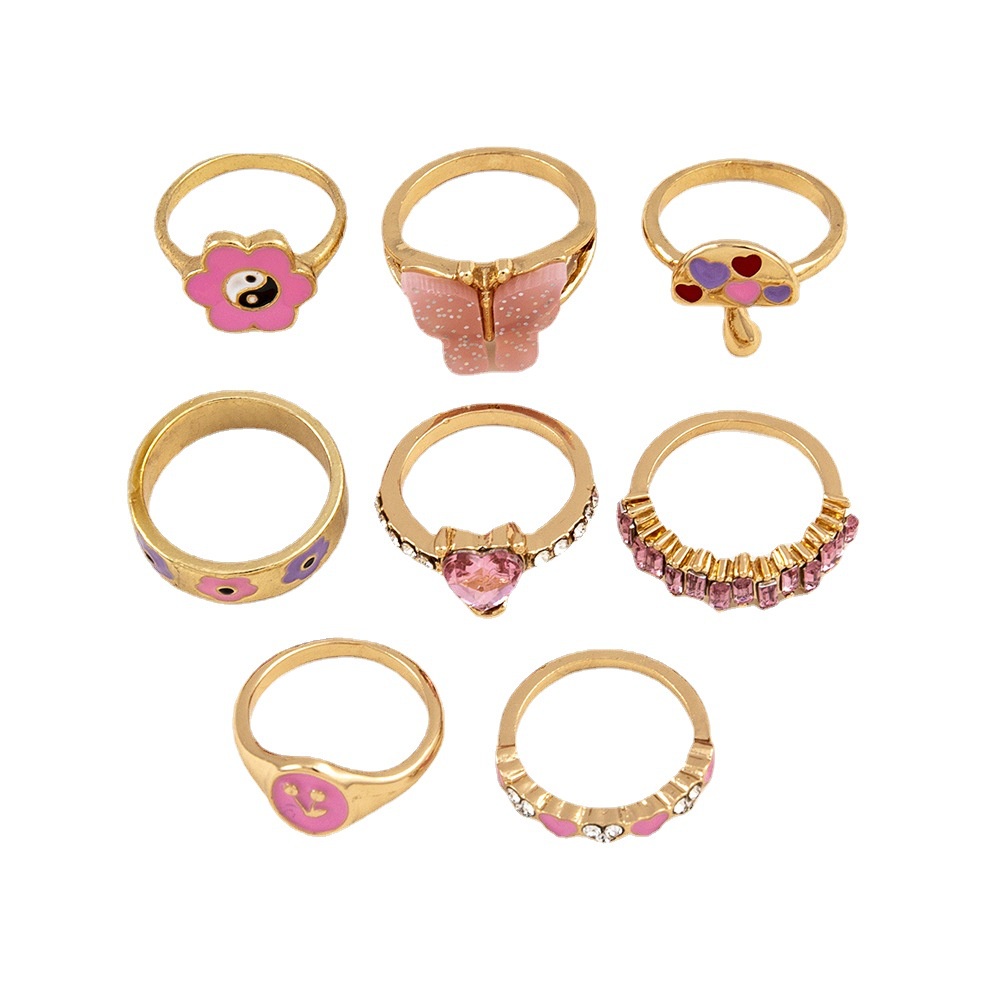 Kepribadian Fashion Bunga Taiji Yinyang Jamur Cinta Tetesan Minyak Cincin Perempuan 8-piece Set