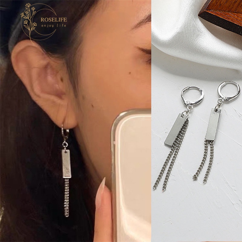 Roselife 2pcs Unisex Streetwear Perak Metal Tag Panjang Rumbai Rantai Drop Anting Untuk Wanita Pria Punk Keren Fashion Menjuntai Anting-Anting Fashion Perhiasan Telinga