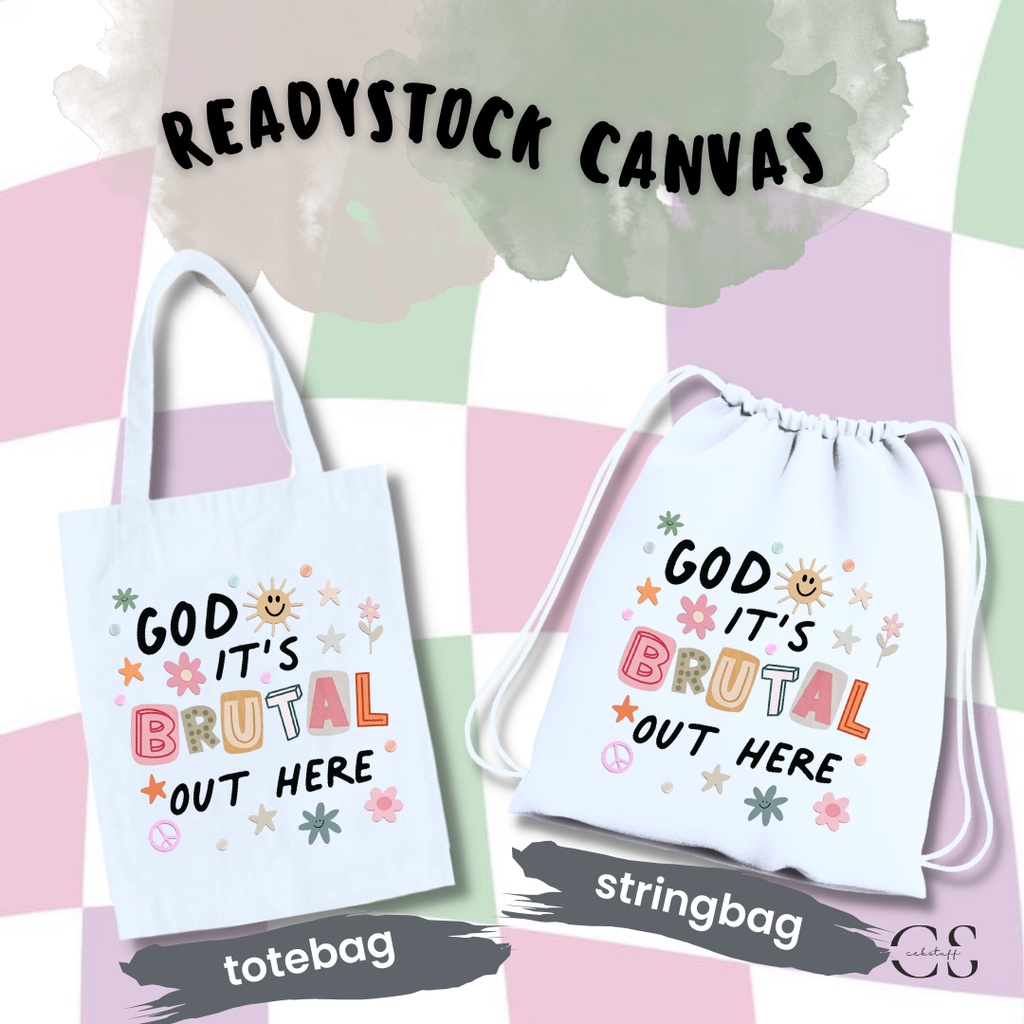 (30x40) TOTEBAG KANVAS &amp; STRING BAG GOD IT'S BRUTAL / TAS SERUT SATUAN / TOTEBAG KANVAS AESTHETIC MURAH / TOTEBAG KULIAH MOTIF / TAS SEKOLAH / TAS RANSEL AESTHETIC / STRINGBAG AESTHETIC / STRINGBAG SEKOLAH / TAS GENDONG SERUT