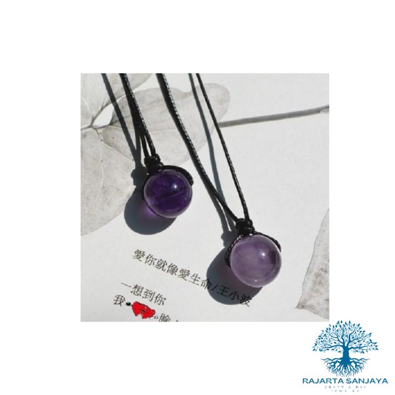 Kalung Tali Hitam Adjustable Liontin Amethyst Alami