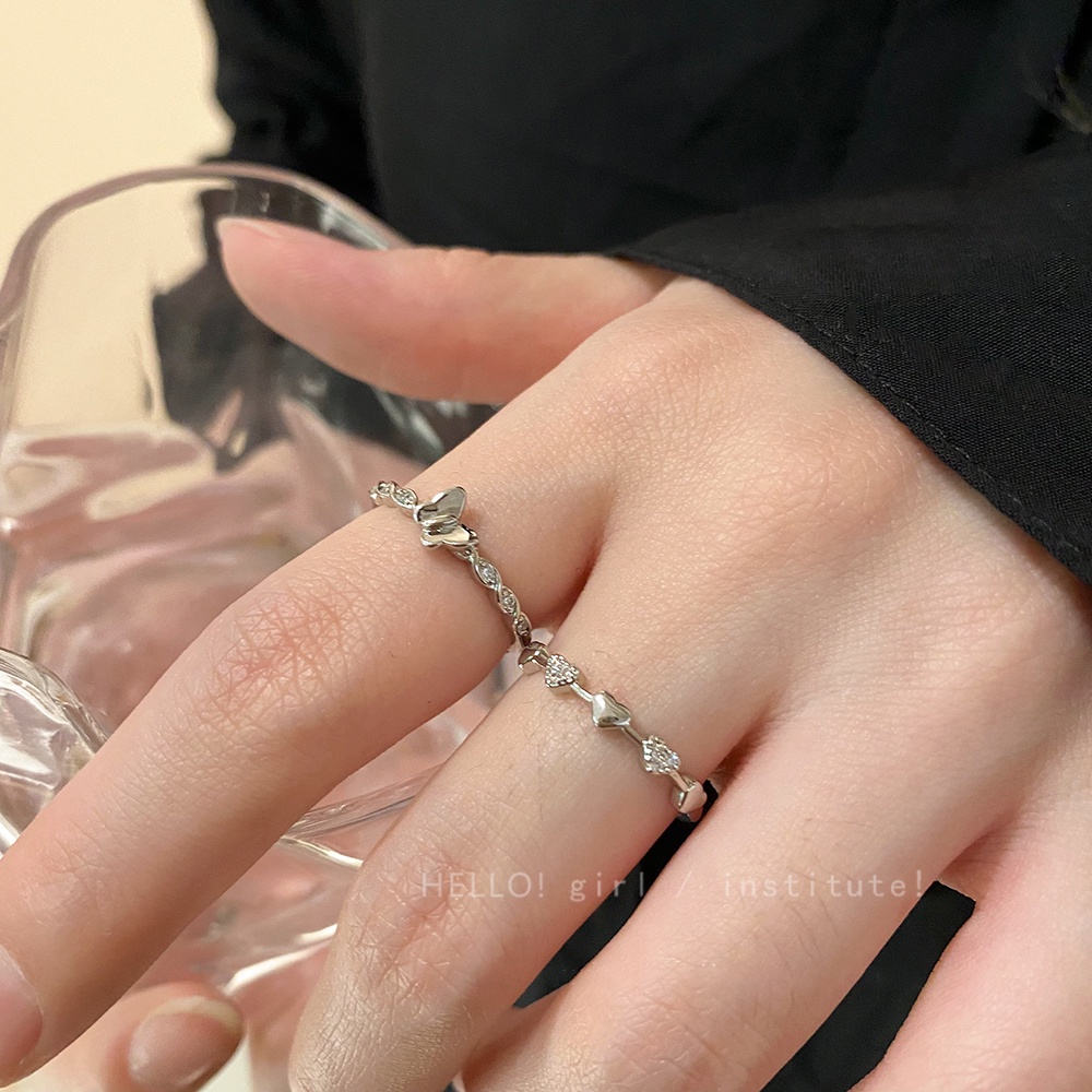 2pcs/set Cincin Kupu-Kupu Hati Elegan Set Kristal Cincin Perak Untuk Aksesoris Perhiasan Wanita