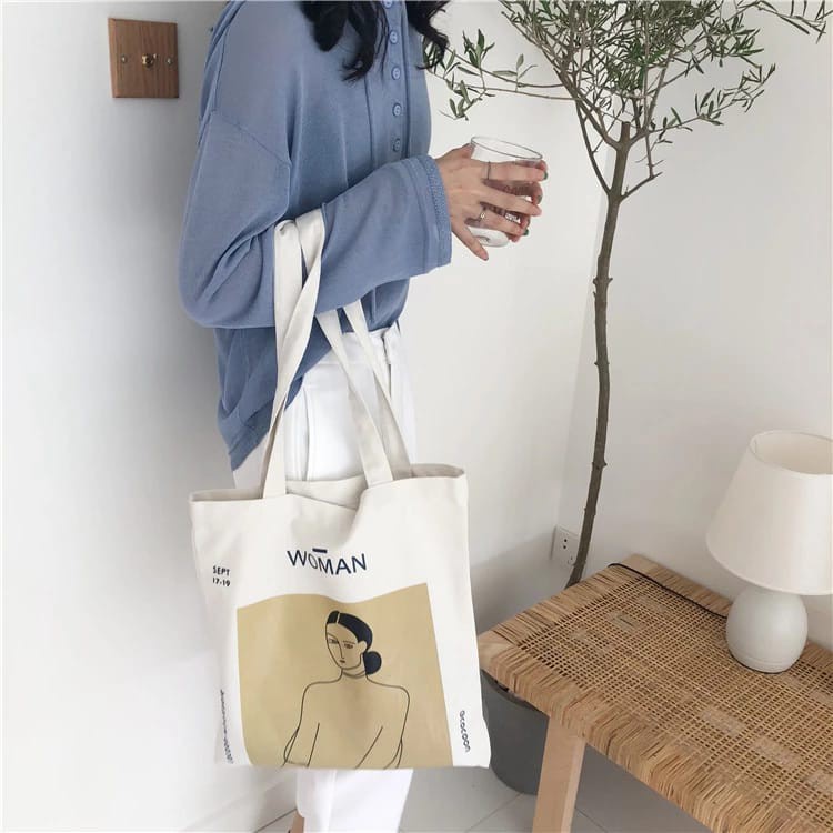 Mottycua Bag - Tas Tote Bag Wanita Non Resleting Terbaru 2021 Aesthetic Kekinian Motif Carakter WOMAN Korea Style Multifungsi