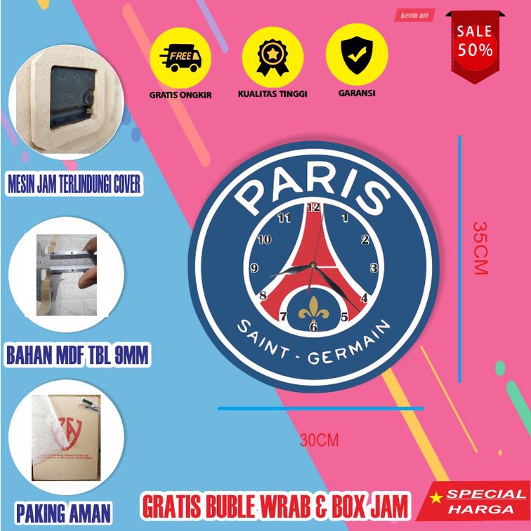 Jam dinding tempel tembok unik keren logo PSG Paris Saint Germany besar