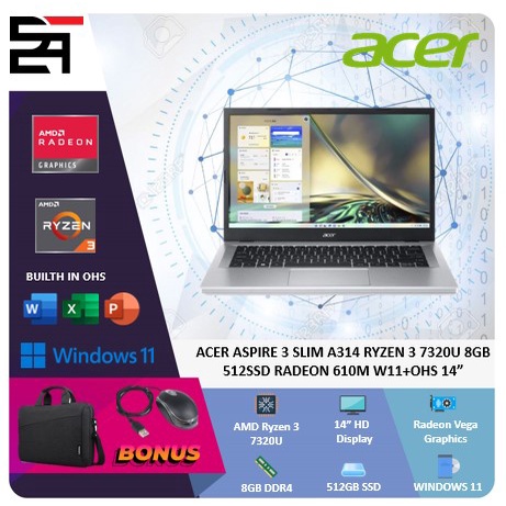 Acer Aspire 3 Slim A314 Ryzen 3 7320U 8GB 512GB SSD Radeon 610M W11 OHS 14 Inchi