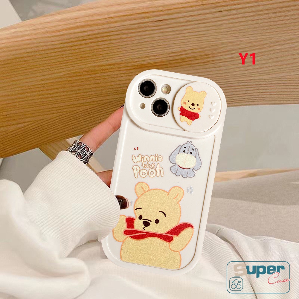 Kartun Manyo Strawberry Bear Winnie the Pooh Couple Case Kompatibel Untuk IPhone 7plus 11 13 12 Pro Max7 8 Plus XR X XS MAX Lembut TPU Silicon Pull Push Window Penutup Pelindung Kamera