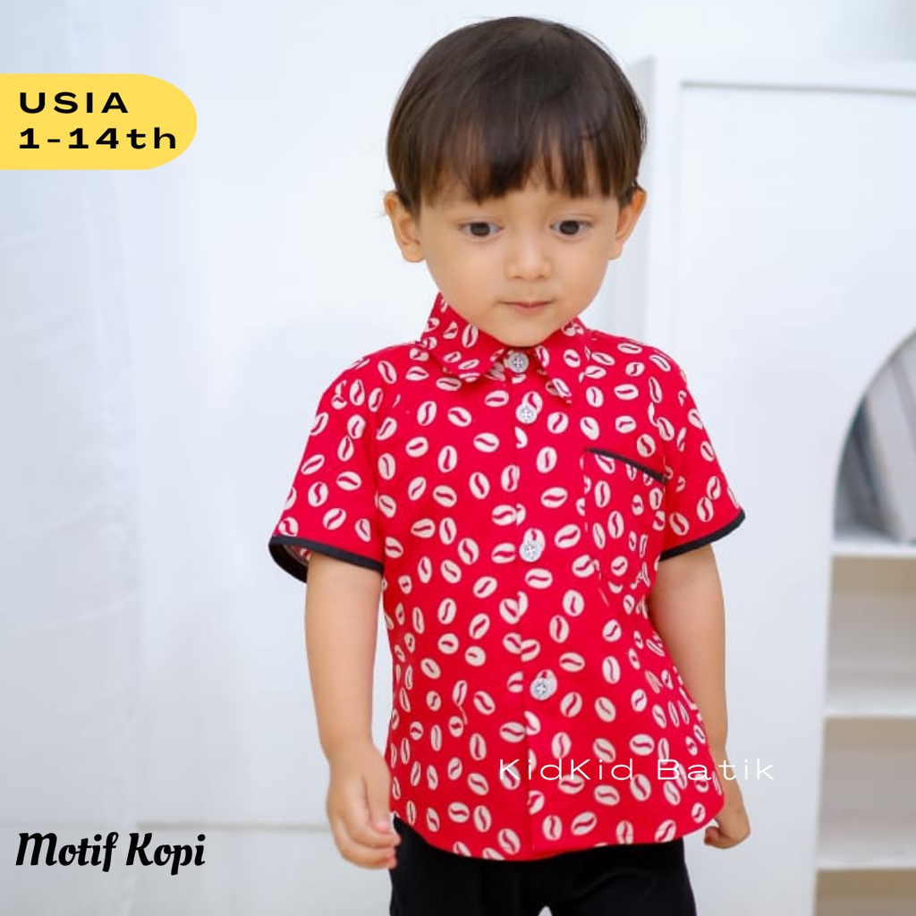 Kemeja batik anak laki baju hem cowok lengan pendek sekolah berkerah merah Katun Bagus Modern Kekini