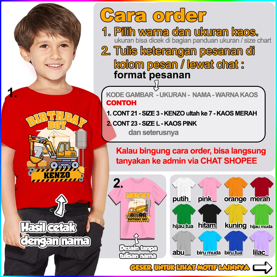 Kaos ulang tahun EXCAVATOR Baju ultah TRUCK TRAKTOR COUPLE  ANAK DAN DEWASA