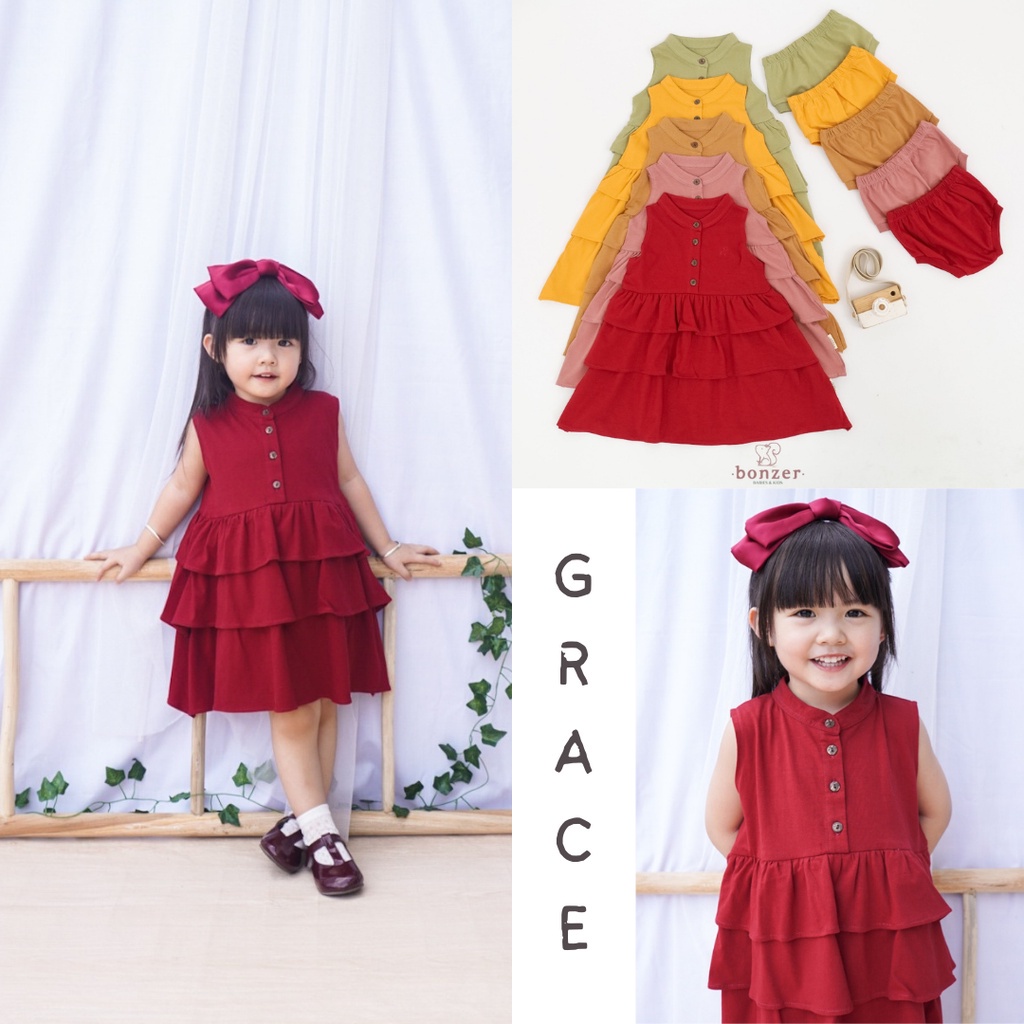 ORIGINAL Bonzerbaby Grace Dress Anak Bayi Perempuan Kaos Katun Lucu Kerah Shanghai Bonzer Baby - Leo