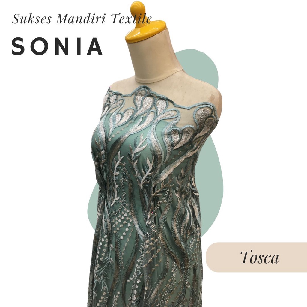 [SONIA] Brokat Tulle Salur Mote Payet Mewah Warna Tosca Hijau Toska | Harga per 1/2 meter = 50 cm BA