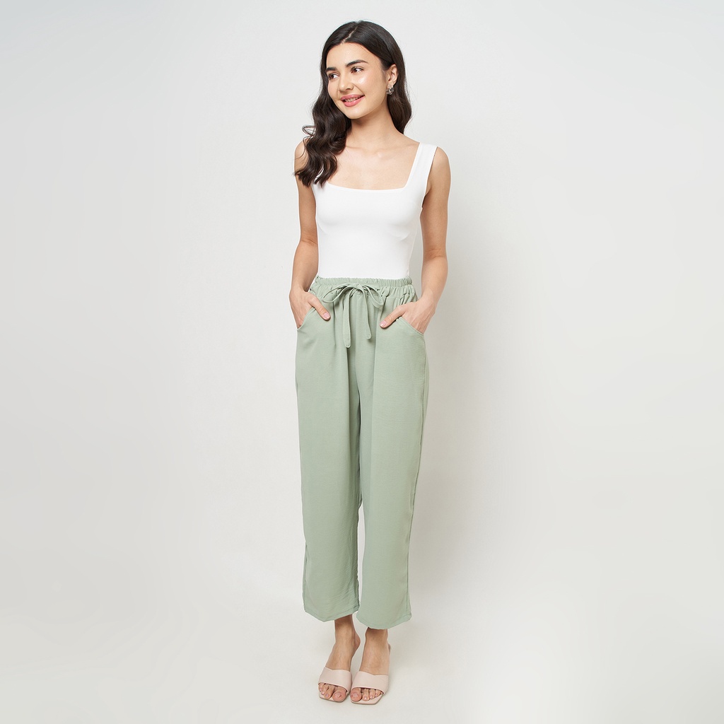 SECANTIK - CELANA KULOT LOOSE PANTS MODEL TALI DEPAN WARNA HIJAU SAGE