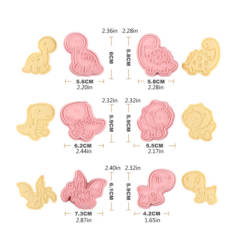 6pcs / set Cetakan Kue / Biskuit Bentuk Kartun Dinosaurus 3D Model Tekan DIY