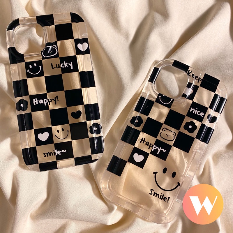 IPHONE Cute Smiley Bear Soft Tpu Case Kompatibel Untuk Iphone11 7Plus 13 11 12 14 Pro Max XR X XS Max6 7 8 6s Plus SE 2020 Pasangan Papan Catur Cinta Hati Airbag Shockproof Cover