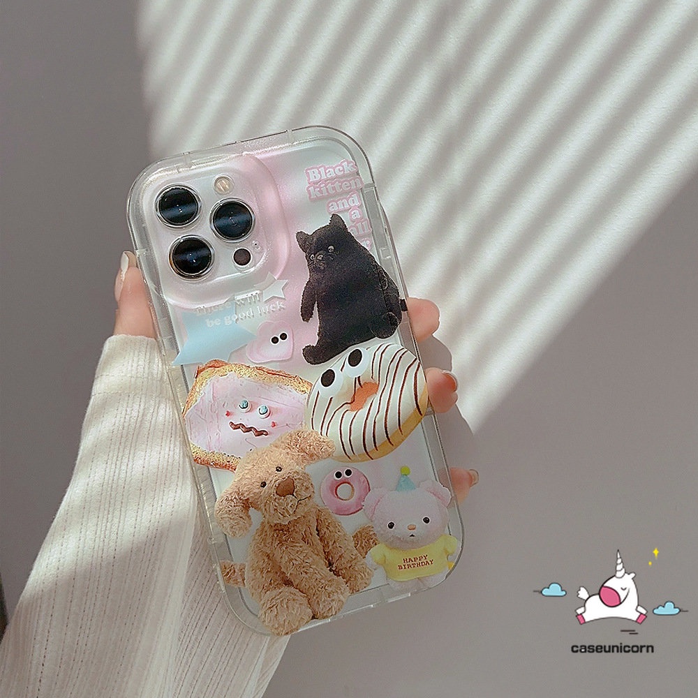 IPHONE Casing Ponsel Airbag Transparan Kompatibel Untuk Iphone11 13 14 12 Pro Max6 6S 7 8 Plus XR X XS MAX Ins Hewan Lucu Stiker Kartun Boneka Beruang Anjing Kucing Shockproof Lembut TPU Penutup Belakang
