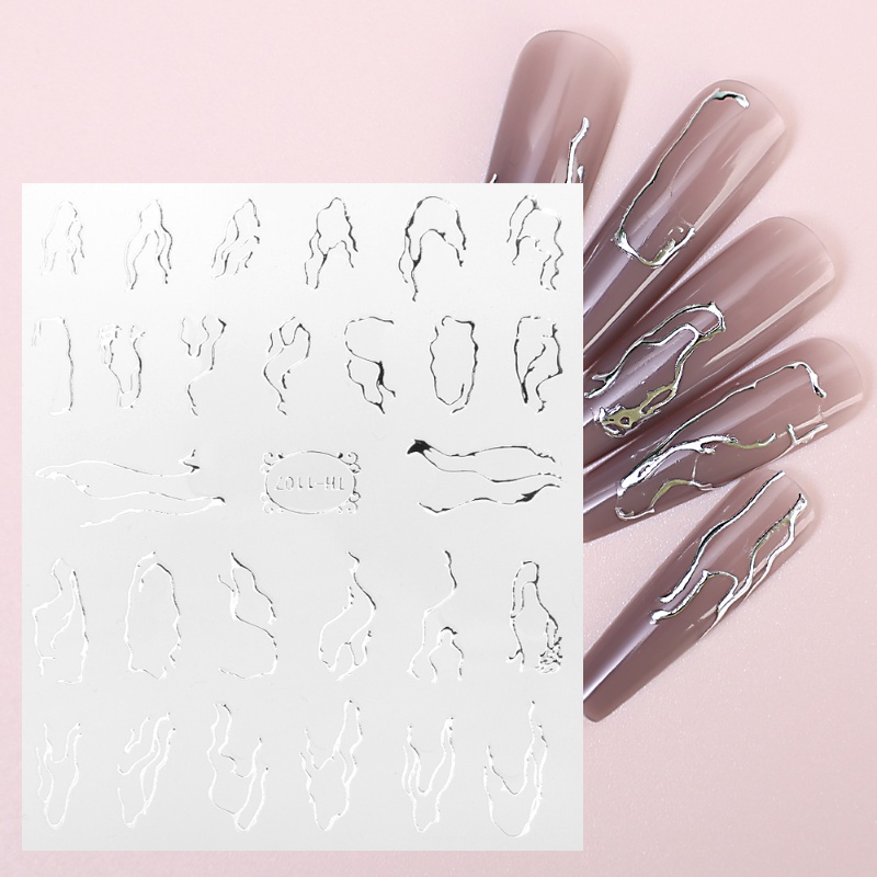 3d Logam Perak Emas Garis Bergelombang Stiker Kuku/Fashion Klasik Geometris Manicure Decal