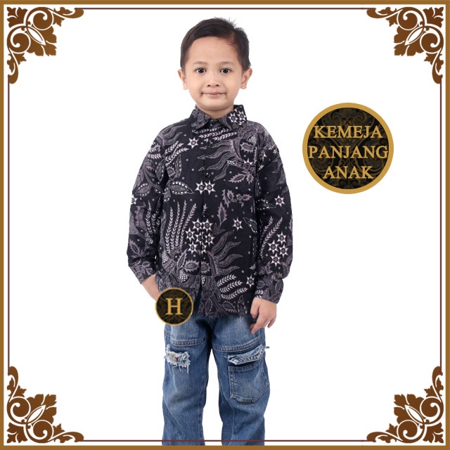 Couple Kemeja / Hem Batik Lengan Panjang Pendek Ayah Anak Motif Manggar Abu 1-14 tahun butikdian