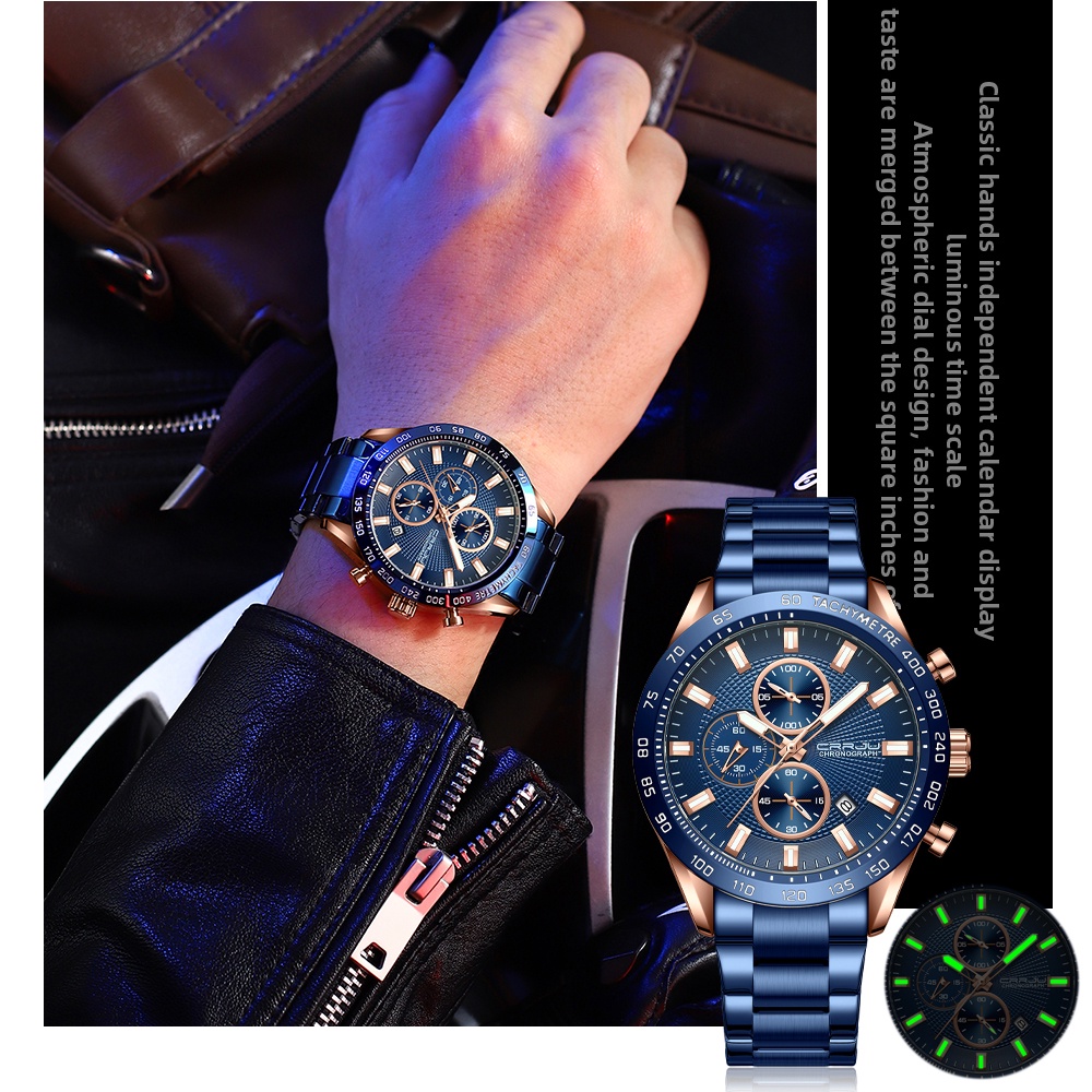 CRRJU Jam Tangan Pria Original Anti Air Mode Bisnis Kuarsa Tali Stainless Steel Crononya Aktif Jam Tangan Cowok