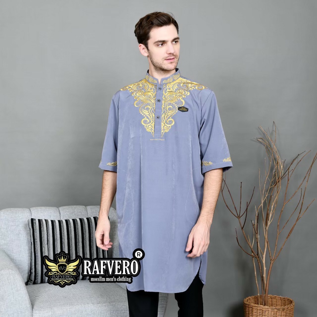 Baju Muslim Koko Pria Qurta Pakistan Bordir Premium Lengan Pendek Brand Rafvero M L XL Bisa COD