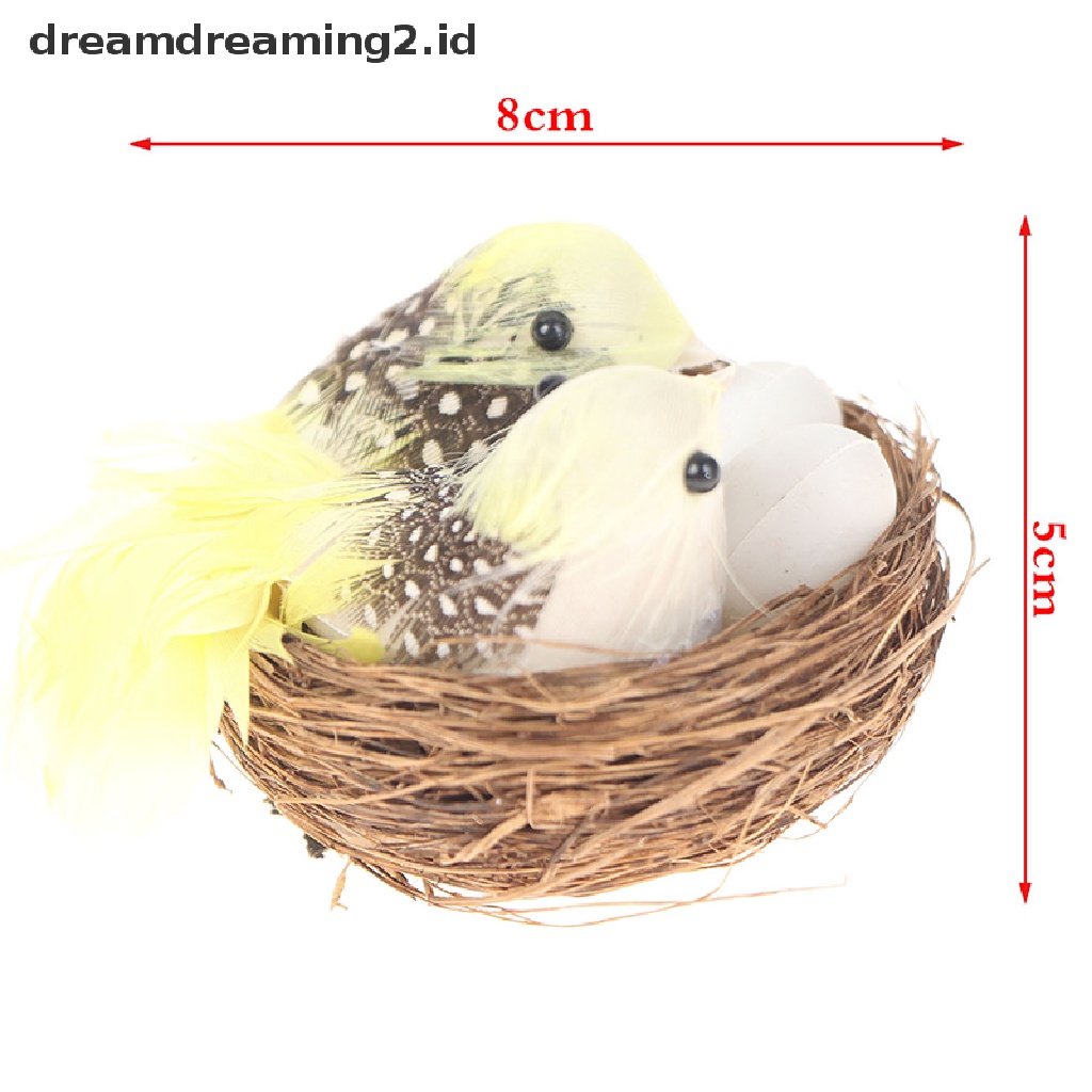 (dream) 1set Patung Burung Berbulu &amp; Sarang &amp; Telur Artificial Craft Kreatif.