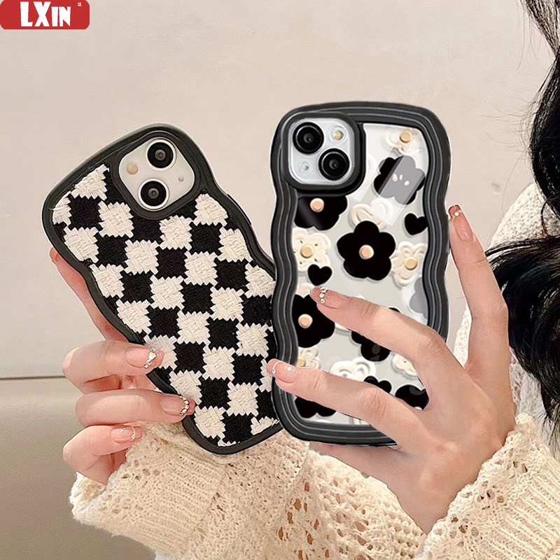 IPHONE Soft Case Kompatibel Untuk Iphone11 13 12 14 Pro MAX iPhone7 8plus 6s Plus XR 14Plus XS MAX SE 2020 Timbul Bunga Berlian Pola Cek Tepi Bergelombang Bening Phone Cover