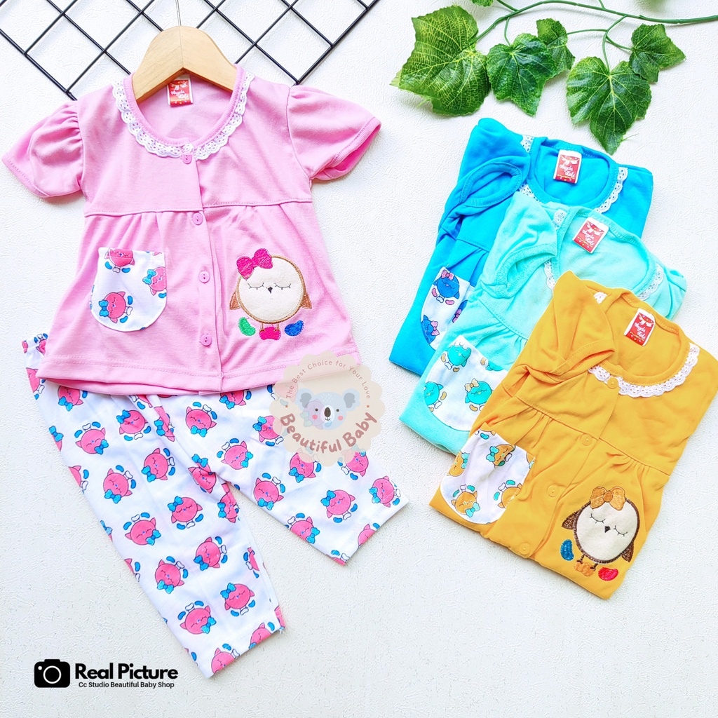 Baby.ou - Setelan Baju Bayi Lengan Pendek Celana Panjang Motif Bordir Birds / Setelan Piyama Bayi Perempuan 3-12 Bulan / Baju Bayi Perempuan Yeiko