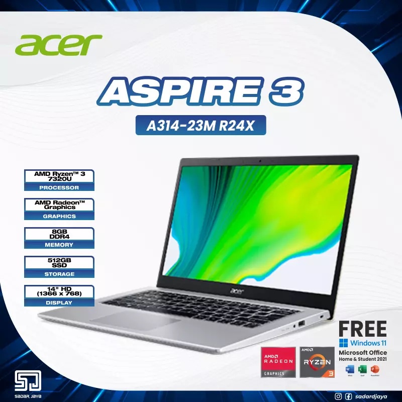 Laptop Acer Aspire 3 Slim A314-23M-R24X AMD Ryzen 5 - 7520U / 8GB / SSD 512 / 14″ / Win11 OHS