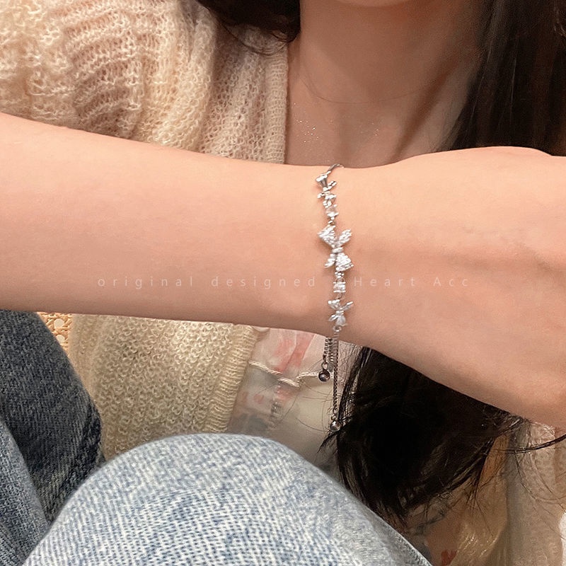 YEEZII Gelang Bow Zircon Sweet Simple Silver Bangles Untuk Perhiasan Aksesoris Wanita