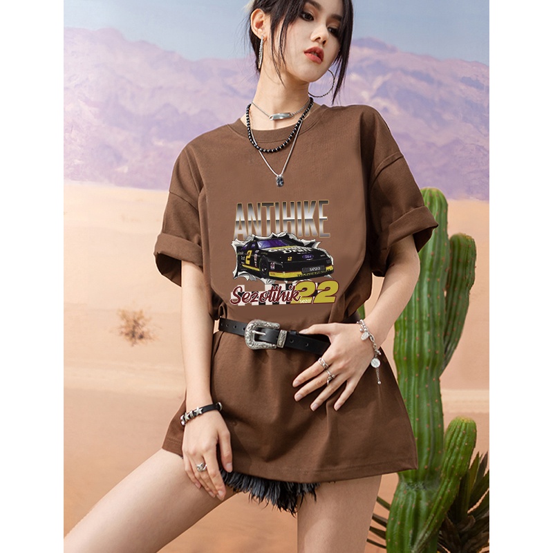 american vintage lengan pendek motif printed t-shirt oversize kekinian letter car graffiti kaos hitam couple