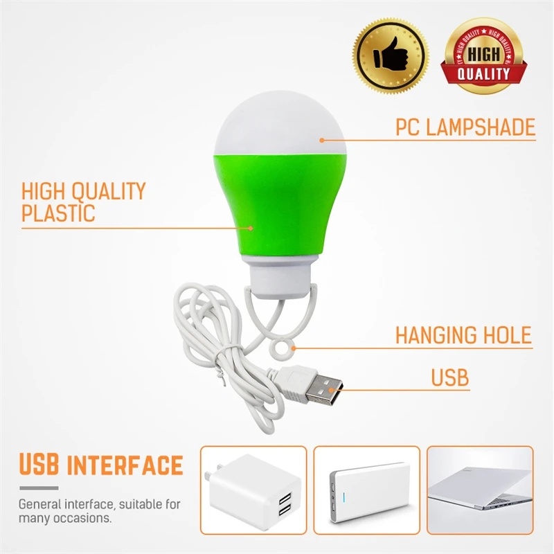 Lampu Bola Hemat Energi 5W Portabel/Lampu Emergency Mini USB Dengan Kait/Lampu Bohlam Camping Outdoor Warna-Warni