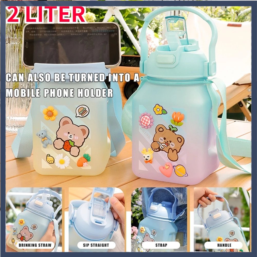 【Ready Stock】2 Liter Botol Gemoy Kotak Gradasi Viral  Botol Minum Anak Free Stiker 2D &amp; 3D