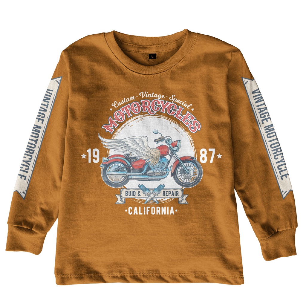 Kaos Anak Laki-Laki Unisex Lengan Panjang Motif Vintage Motor