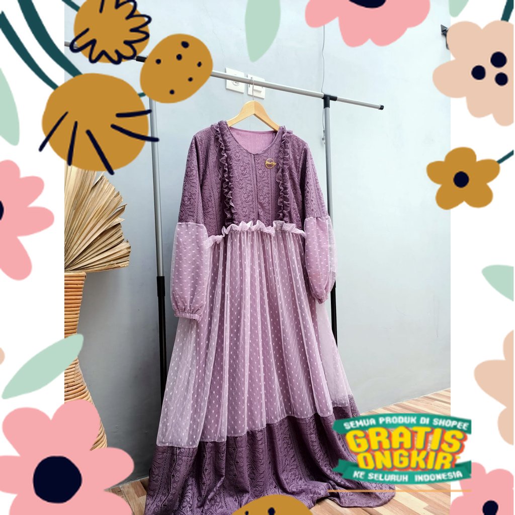 GAMIS BROCADE MIX TULLE   ZULFA DRESS FULL FURING / GAMIS PESTA BRUKAT ZULFA MIX TILE DOT / GAUN PES