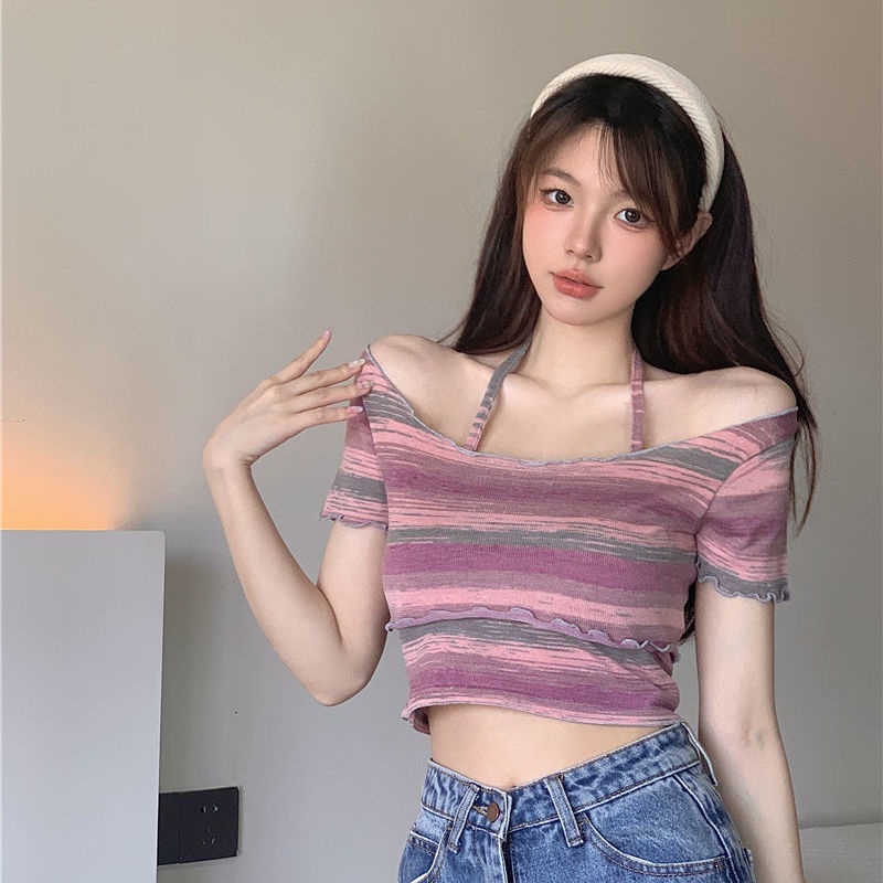 Red Manis gadis seksi tie-dye bergaris menggantung leher kecil suspender keinginan murni pelangsing blus satu bahu dua potong top wanita trendi