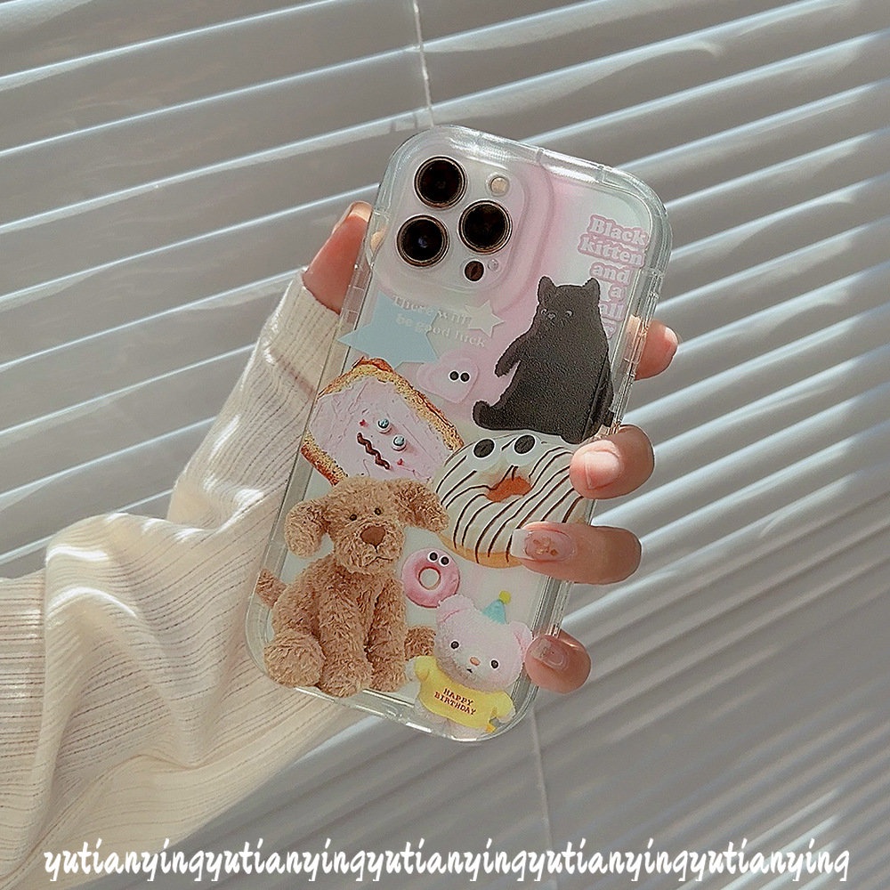 IPHONE  Ins Hewan Lucu Stiker Ponsel Case Kompatibel Untuk Iphone6 6S 7 8 Plus XR 11 13 14 12 Pro Max X XS MAXCartoon Boneka Beruang Anjing Kucing Transparan Airbag Shockproof Lembut TPU Penutup Belakang