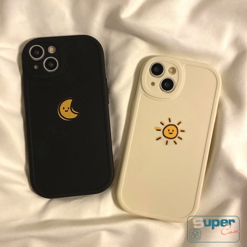 IPHONE Casing Ponsel Bulan Matahari Warna Solid Sederhana Kompatibel Untuk Iphone11 Pro Max7 8 Plus XR 6s 6 13 11 12 14 Pro Max X XS Max SE 2020 Shockproof Soft Tpu Couples Cover