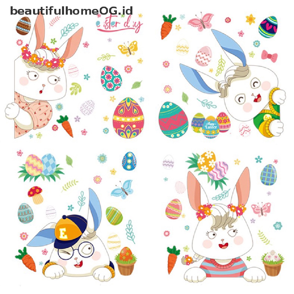// Beautifulhomeog.id// Stiker Jendela Kaca Happy Easter Colorful Bunny Eggs Wall Sticker 25x35cm **