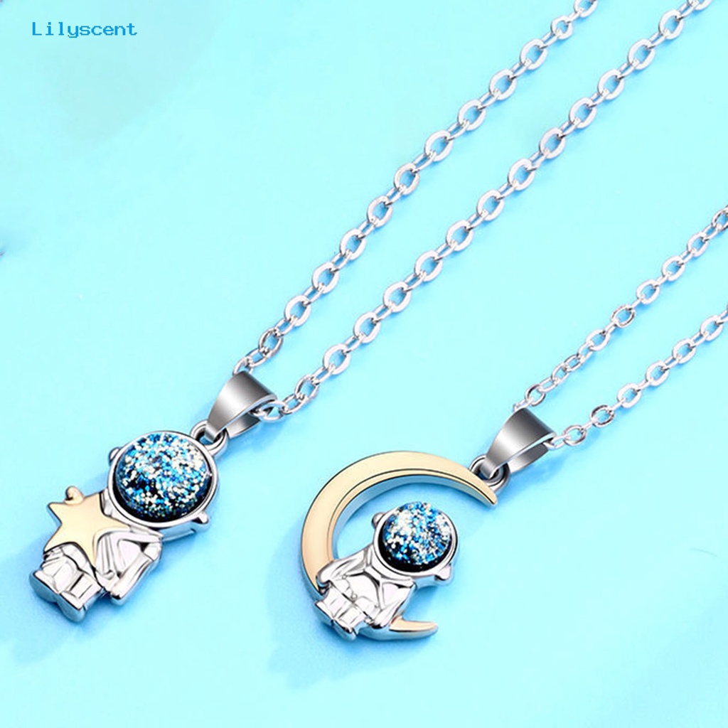 [LS] 2 Pcs O-Chain Adjustable Pasangan Kalung Alloy Ruang Astronot Bulan Liontin Persahabatan Kalung Perhiasan Aksesori