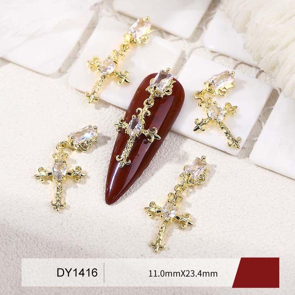 [Elegan] Cross Dekorasi Kuku Wanita Retro Perak Jepang Nail Drills Croix Cross Zirkon Hiasan Kuku 3D Nail Jewelry