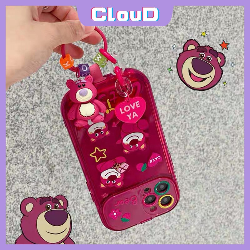 IPHONE Flip Make Up Cermin Rose Red Phone Case Kompatibel Untuk Iphone11 12 14 13 Pro Max XR 7 8 Plus X XS Max SE 2020 Kartun Lucu Strawberry Bear Manyo Cover