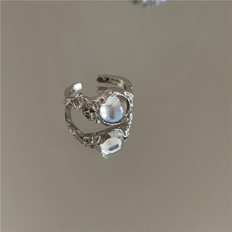 Cincin Kristal Fashion Bintang Perak Moonstone Open Ring Untuk Aksesoris Perhiasan Wanita