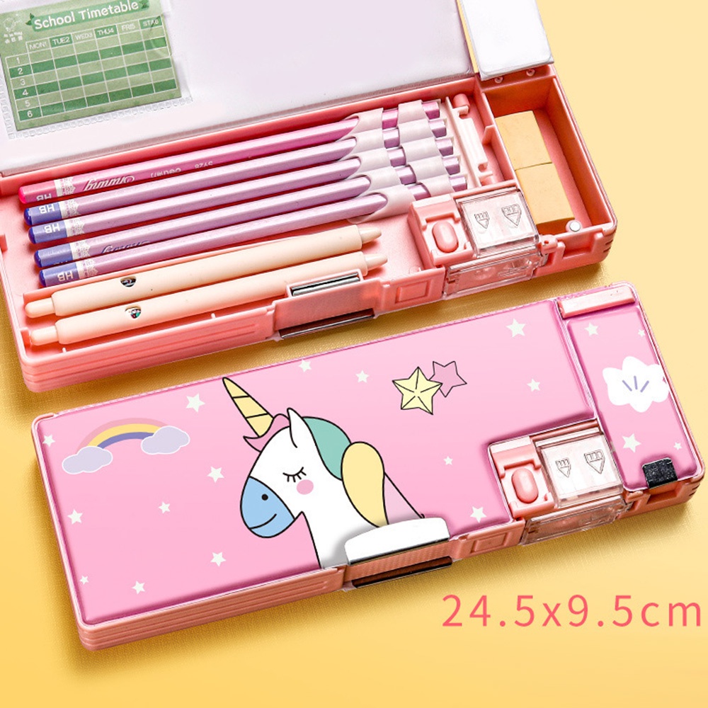 Pen Case Plastik Dua Lapis Kartun Unicorn Multifungsi, Siswa Sekolah Kotak Penyimpanan Stationary